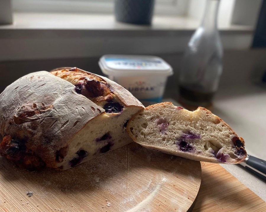 Sliced artisan loaf showing the crumb