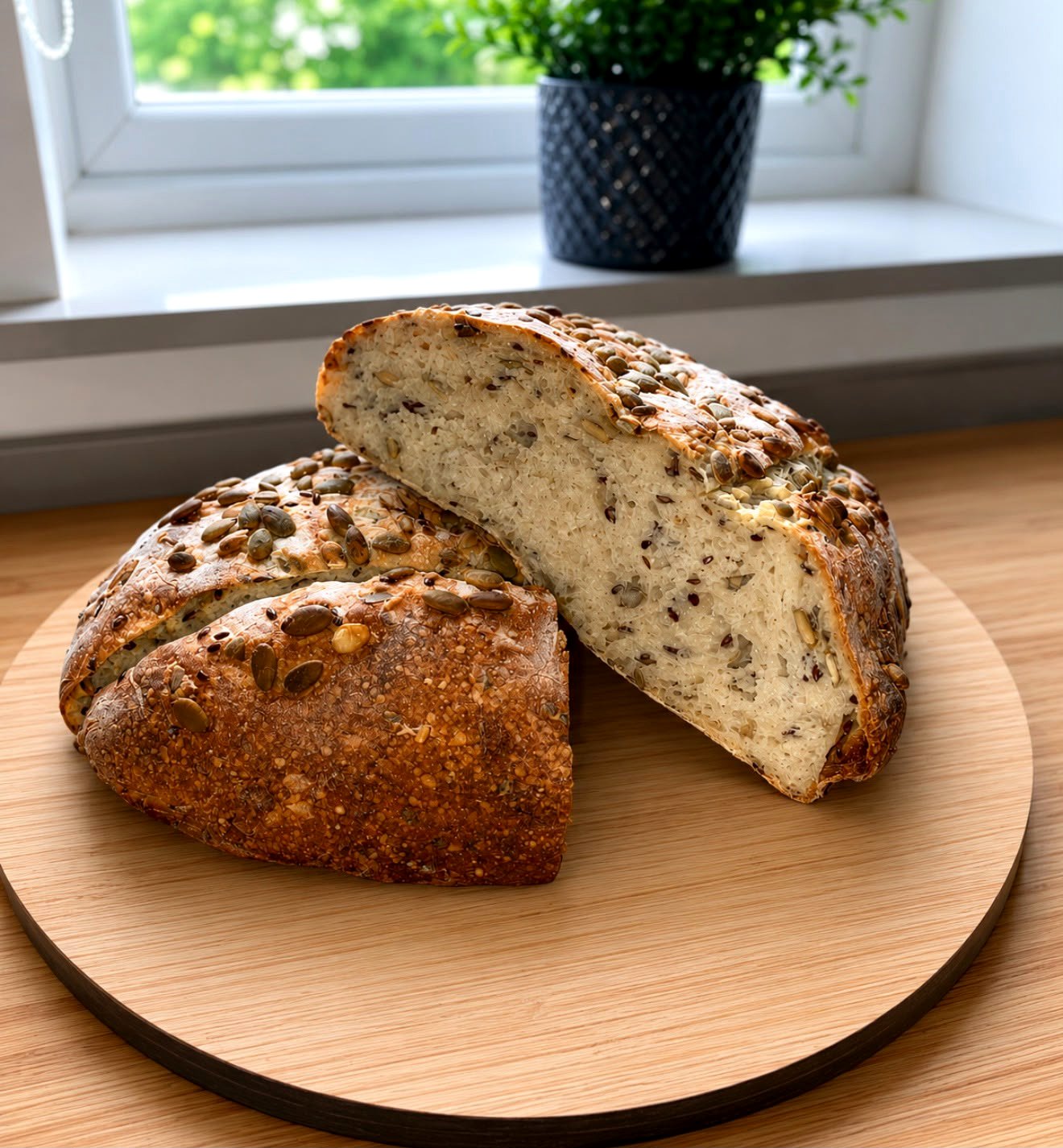 Sliced seeded sourdough on a wooden board