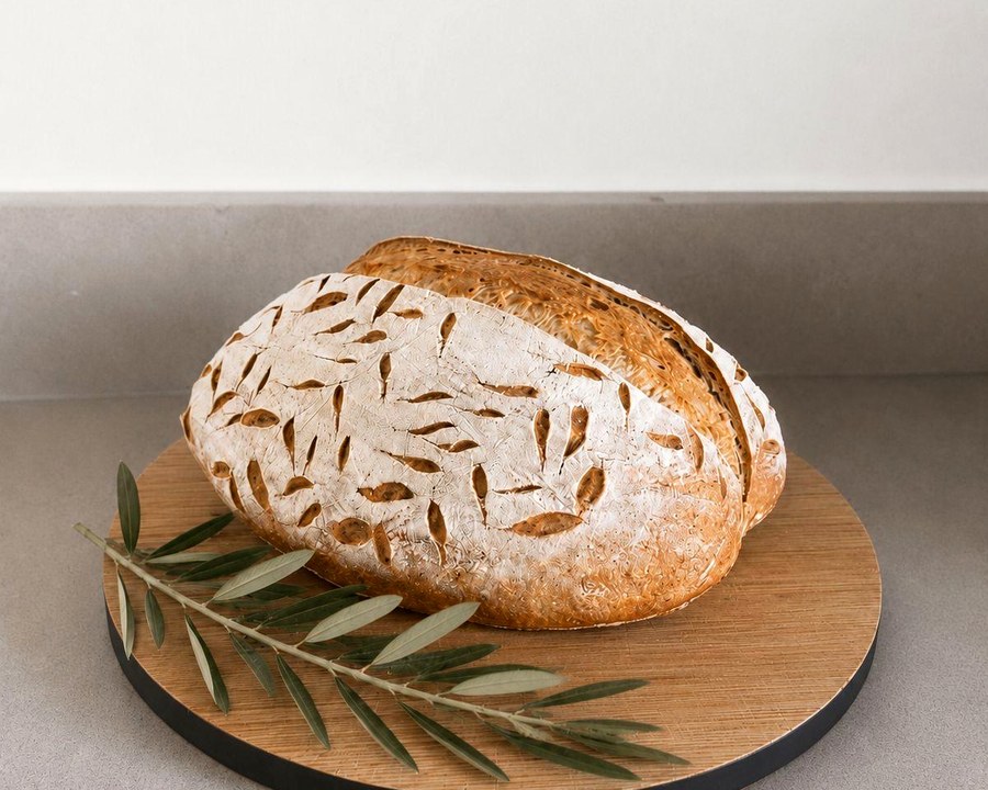 White sourdough loaf on a wooden board